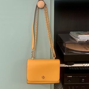 Tory Burch Carter Shrunken Shoulder Bag yellow/solarium in color - Gently Used